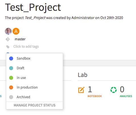 The header of a "Test_Project" showing the git branch, Empty Tag List, and Project Status