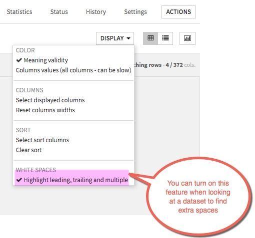 Action Dialog Box showing the option to show leading, trailing and multiple spaces.