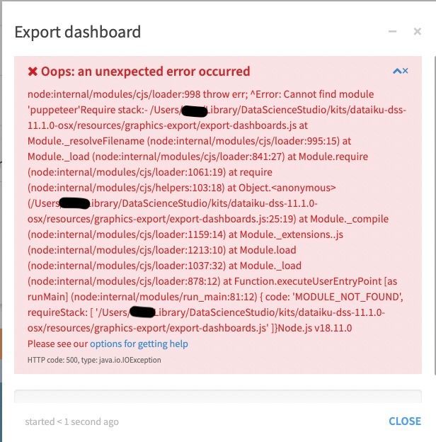 Image: Error Message when trying to Export a PDF from a Dashboard